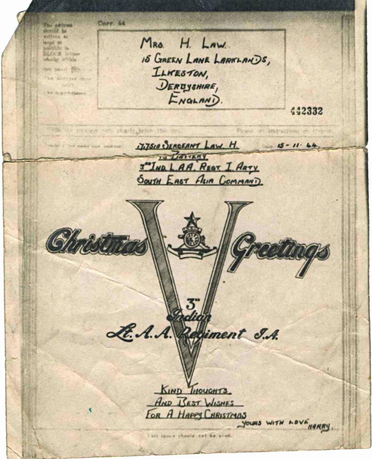 Christmas Card of 1944 from the 3rd L.A.A. Regiment