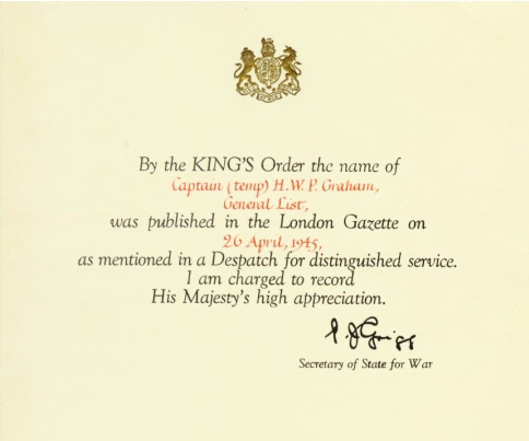 Certificate issued to Captain Graham for the award of a Mention in Despatches