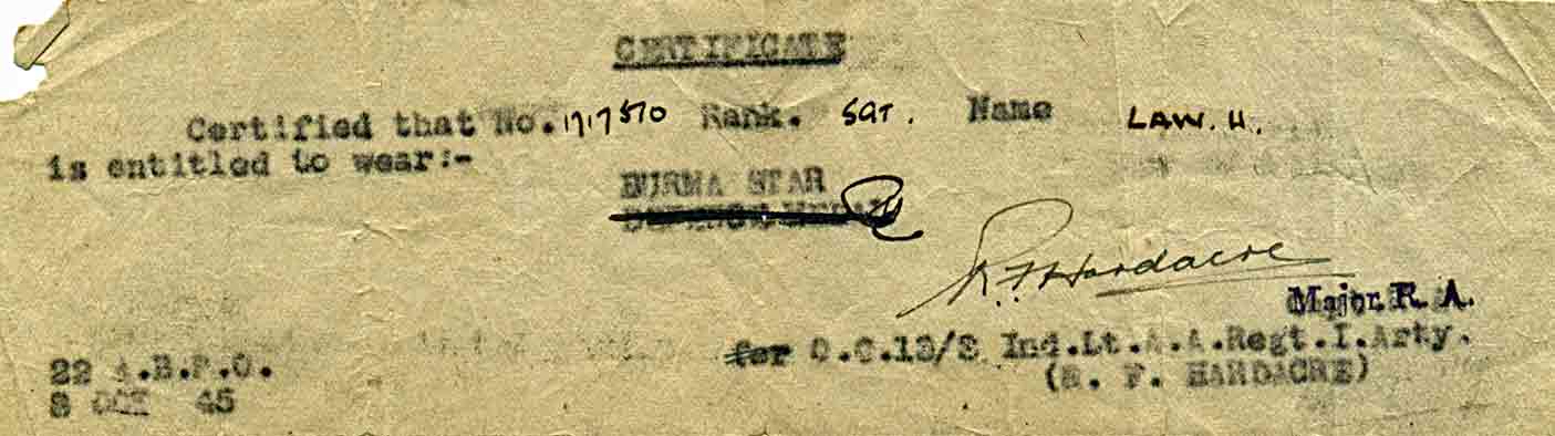Award of the Burma Star to Sergeant H. Law